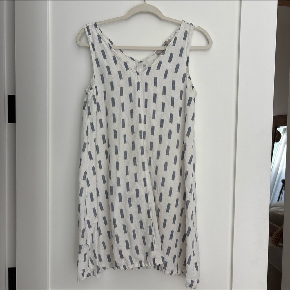 LOFT White Linen Dress with Blue Pattern